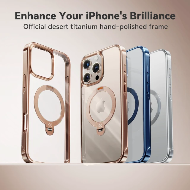 Alt view image 2 of 7 - 360 Spin Magnetic Stand for iPhone 16 Pro Case Desert Titanium Gold | Fit for Magsafe, 16FT Military Protection, Slim Smooth Hand-Polished Frame Titanium Alloy Sturdy Stand 6.3'', Rose Gold