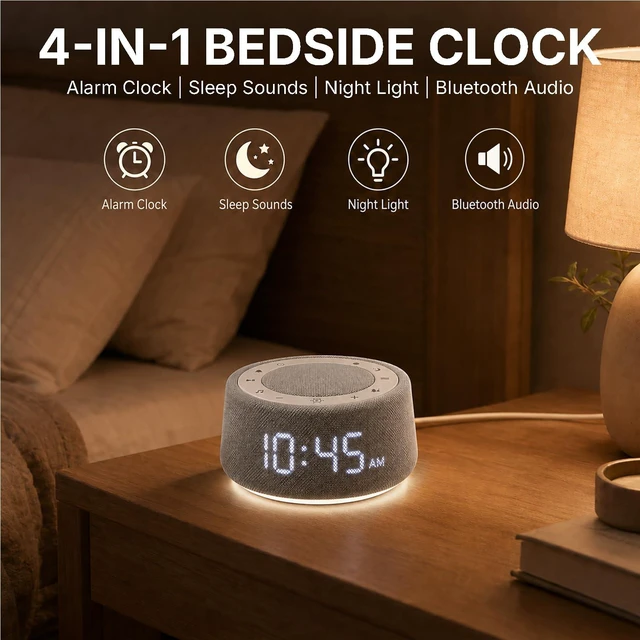 Alt view image 2 of 7 - White Noise Alarm Clock for Bedroom, Night Light, Bluetooth Audio | Sleep sounds, Bluetooth speaker, ambient night light, dimmable display, adjustable alarm volume, bedside routine for adults