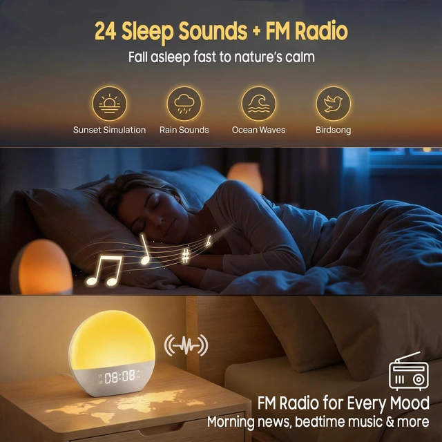 Alt view image 3 of 7 - Sunrise Alarm Clock & White Noise Machine, Effective Alarm Clocks for Deep Sleepers, Bluetooth Speaker Wake Up Light, Sunset Simulation, 30 Soothing Sounds, FM Radio, USB Phone Charging Port