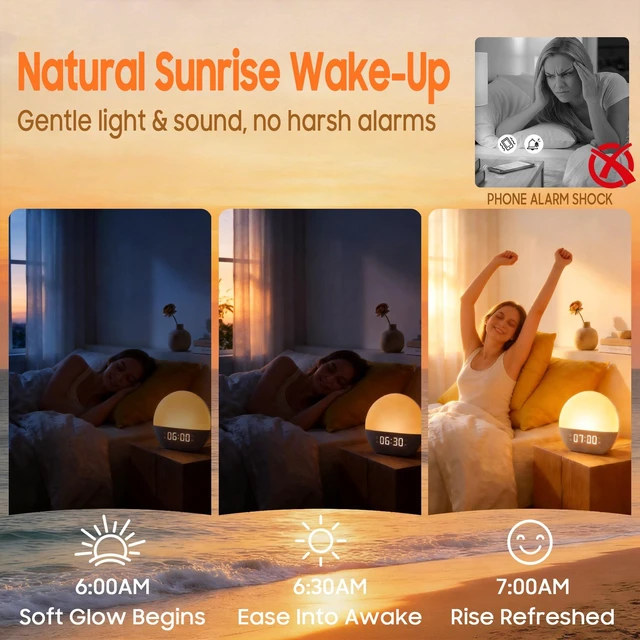 Alt view image 2 of 7 - Sunrise Alarm Clock & White Noise Machine, Effective Alarm Clocks for Deep Sleepers, Bluetooth Speaker Wake Up Light, Sunset Simulation, 30 Soothing Sounds, FM Radio, USB Phone Charging Port