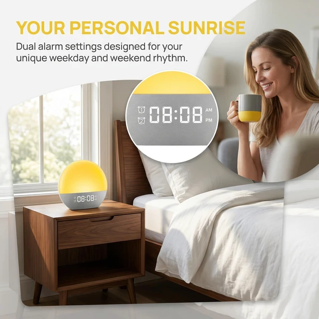 Alt view image 6 of 7 - Sunrise Alarm Clock & White Noise Machine, Effective Alarm Clocks for Deep Sleepers, Bluetooth Speaker Wake Up Light, Sunset Simulation, 30 Soothing Sounds, FM Radio, USB Phone Charging Port