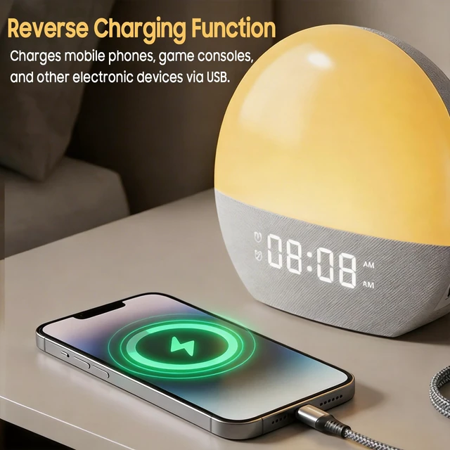 Alt view image 5 of 7 - Sunrise Alarm Clock & White Noise Machine, Effective Alarm Clocks for Deep Sleepers, Bluetooth Speaker Wake Up Light, Sunset Simulation, 30 Soothing Sounds, FM Radio, USB Phone Charging Port