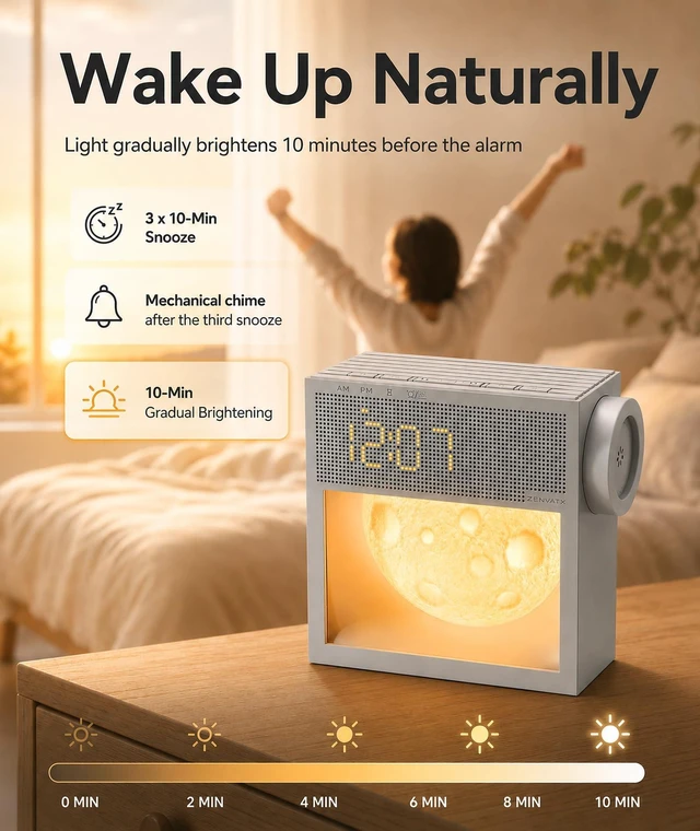 Alt view image 3 of 7 - Rechargeable Sunrise Alarm Clock with Sound Machine and Night Light | 2000mAh Portable Gentle Wake-Up Light for Bedroom Nightstand, 20 White Noise Sounds for Sleep, Snooze, 30120 Min Sleep Timer