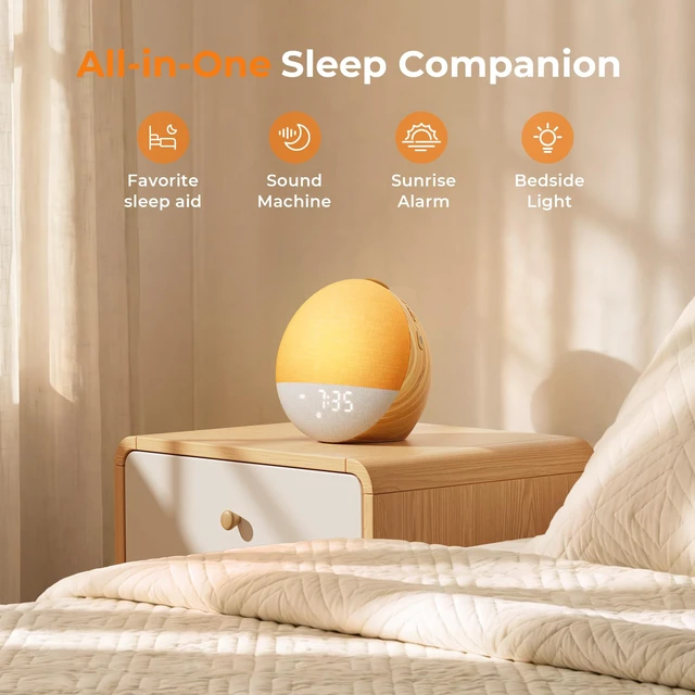 Alt view image 2 of 6 - Sunrise Alarm Clock, Sound Machine for Sleep, 29 Sounds, Wood | White Noise Machine, Gentle Sunrise Alarm, One-Tap Favorites, Dimmable Night Light, No App, Adults Kids Bedrooms
