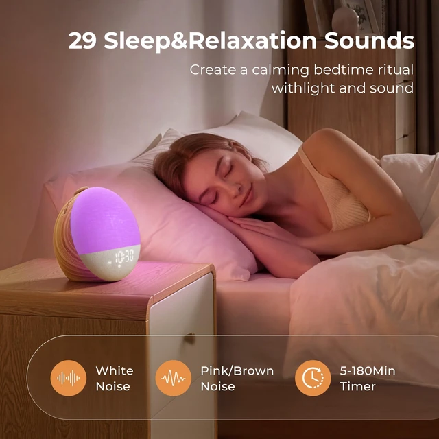 Alt view image 4 of 6 - Sunrise Alarm Clock, Sound Machine for Sleep, 29 Sounds, Wood | White Noise Machine, Gentle Sunrise Alarm, One-Tap Favorites, Dimmable Night Light, No App, Adults Kids Bedrooms