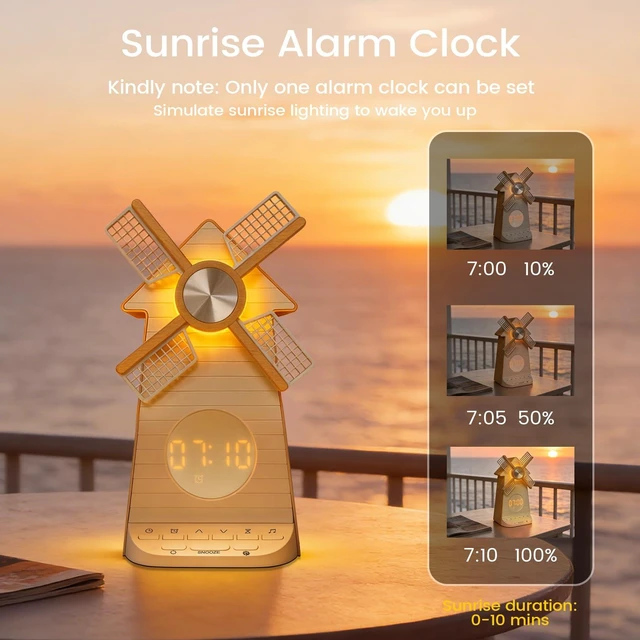 Alt view image 3 of 7 - Sunrise Alarm Clock Rotating Windmill, White Noise Sleep Aid Gift | 20 Soothing Sounds, Easy Snooze Wake Up Light, 4-Level Dimmer Bedside Night Light, 30/60/90min Timer, Bedroom for Adults/Kids