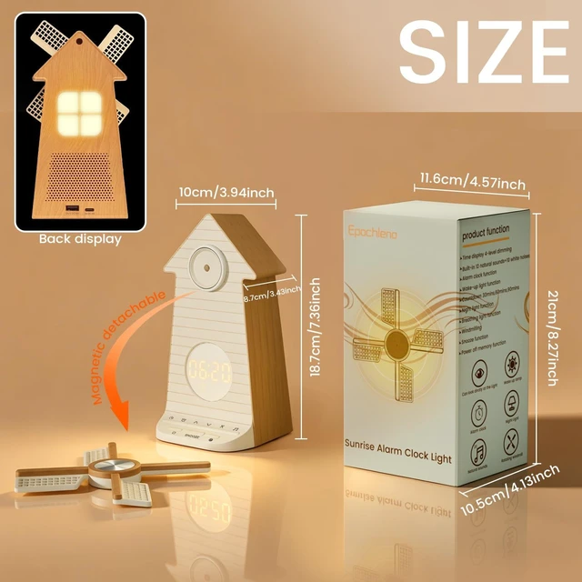 Alt view image 2 of 7 - Sunrise Alarm Clock Rotating Windmill, White Noise Sleep Aid Gift | 20 Soothing Sounds, Easy Snooze Wake Up Light, 4-Level Dimmer Bedside Night Light, 30/60/90min Timer, Bedroom for Adults/Kids