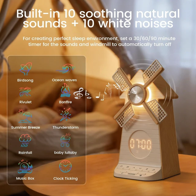 Alt view image 5 of 7 - Sunrise Alarm Clock Rotating Windmill, White Noise Sleep Aid Gift | 20 Soothing Sounds, Easy Snooze Wake Up Light, 4-Level Dimmer Bedside Night Light, 30/60/90min Timer, Bedroom for Adults/Kids