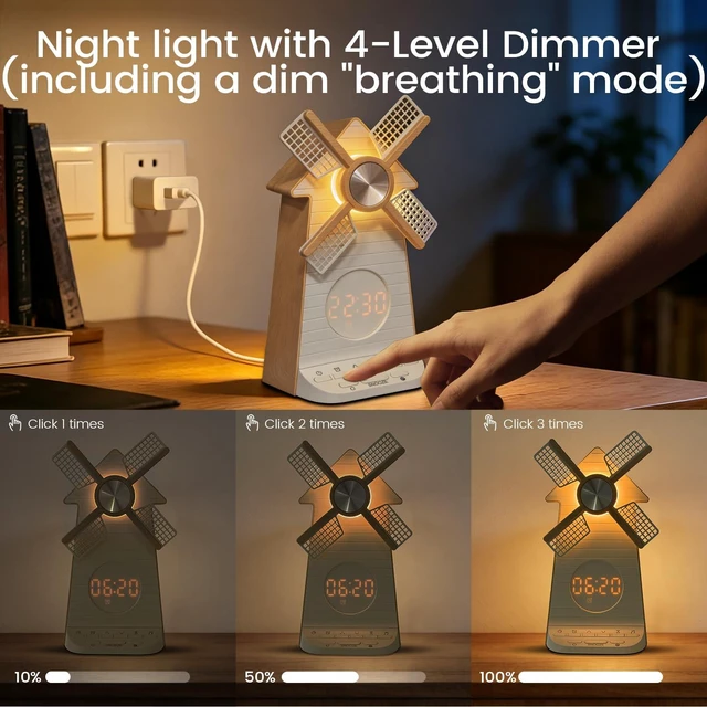 Alt view image 7 of 7 - Sunrise Alarm Clock Rotating Windmill, White Noise Sleep Aid Gift | 20 Soothing Sounds, Easy Snooze Wake Up Light, 4-Level Dimmer Bedside Night Light, 30/60/90min Timer, Bedroom for Adults/Kids