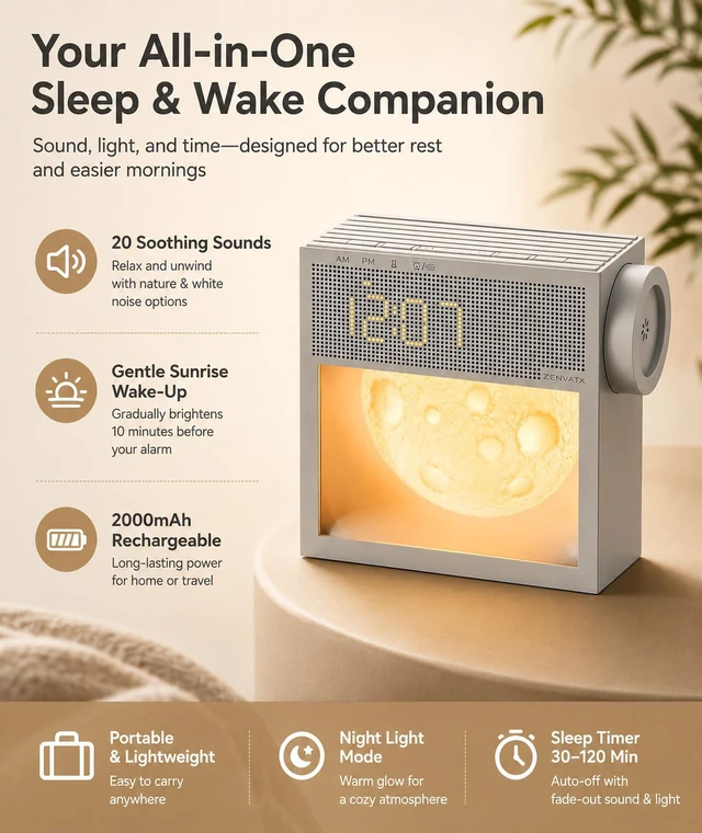 Alt view image 2 of 7 - Rechargeable Sunrise Alarm Clock with Sound Machine and Night Light | 2000mAh Portable Gentle Wake-Up Light for Bedroom Nightstand, 20 White Noise Sounds for Sleep, Snooze, 30120 Min Sleep Timer