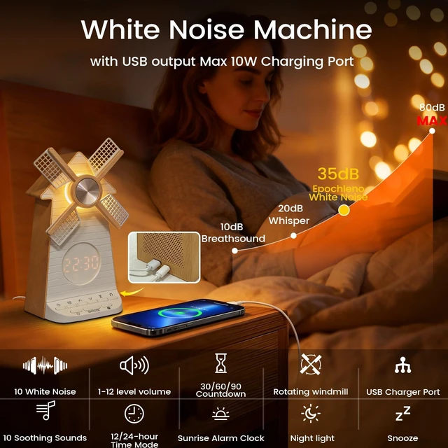 Alt view image 6 of 7 - Sunrise Alarm Clock Rotating Windmill, White Noise Sleep Aid Gift | 20 Soothing Sounds, Easy Snooze Wake Up Light, 4-Level Dimmer Bedside Night Light, 30/60/90min Timer, Bedroom for Adults/Kids