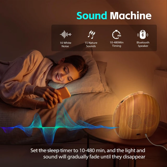 Alt view image 2 of 7 - Sunrise Alarm Clock, Noise Sound Machine Night Light, Wood Grain | 25 Soothing Sounds, 17 Dimmable lights, Dual Independent Alarms, Unlimited Snooze, Bluetooth Speaker, Backup Battery Memory
