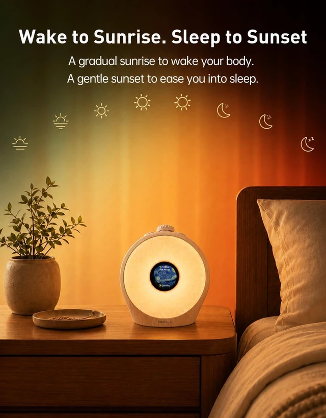 Alt view image 3 of 7 - Sunrise Alarm Clock for Heavy Sleepers with Pulse Wake, Sunset Sound Machine with Breathing Ambient Light, Loud Alarm for Bedrooms, Wake Up Light, Digital Color Display & 7 Themes, No App