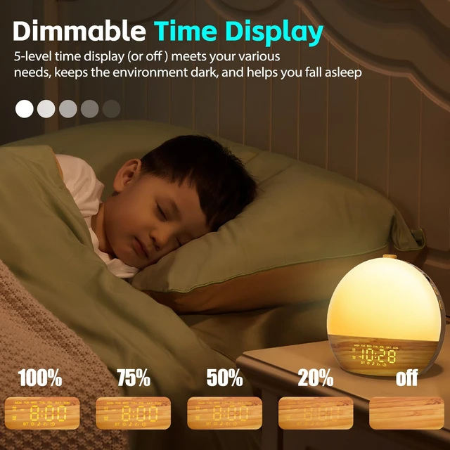 Alt view image 4 of 7 - Sunrise Alarm Clock, Noise Sound Machine Night Light, Wood Grain | 25 Soothing Sounds, 17 Dimmable lights, Dual Independent Alarms, Unlimited Snooze, Bluetooth Speaker, Backup Battery Memory
