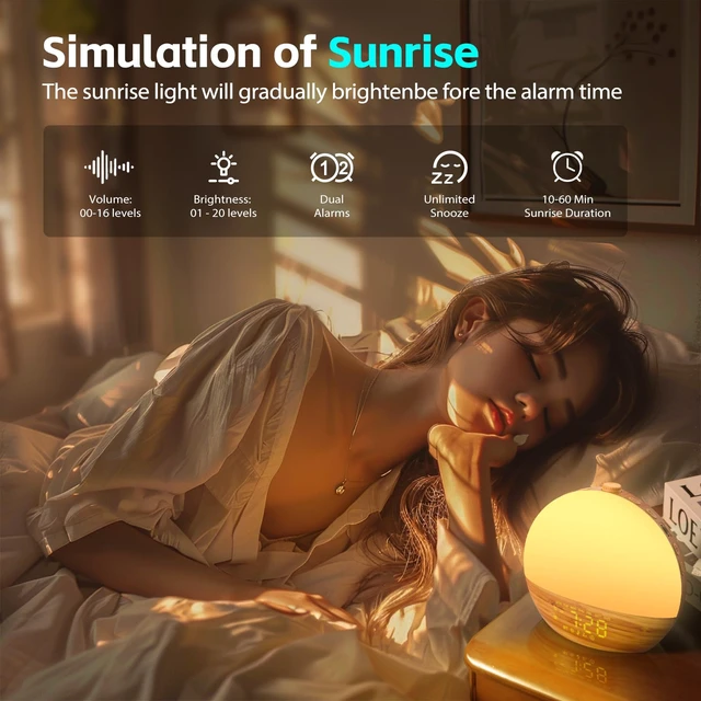 Alt view image 5 of 7 - Sunrise Alarm Clock, Noise Sound Machine Night Light, Wood Grain | 25 Soothing Sounds, 17 Dimmable lights, Dual Independent Alarms, Unlimited Snooze, Bluetooth Speaker, Backup Battery Memory