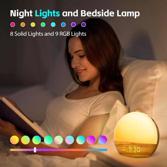 Alt view image 6 of 7 - Sunrise Alarm Clock, Noise Sound Machine Night Light, Wood Grain | 25 Soothing Sounds, 17 Dimmable lights, Dual Independent Alarms, Unlimited Snooze, Bluetooth Speaker, Backup Battery Memory