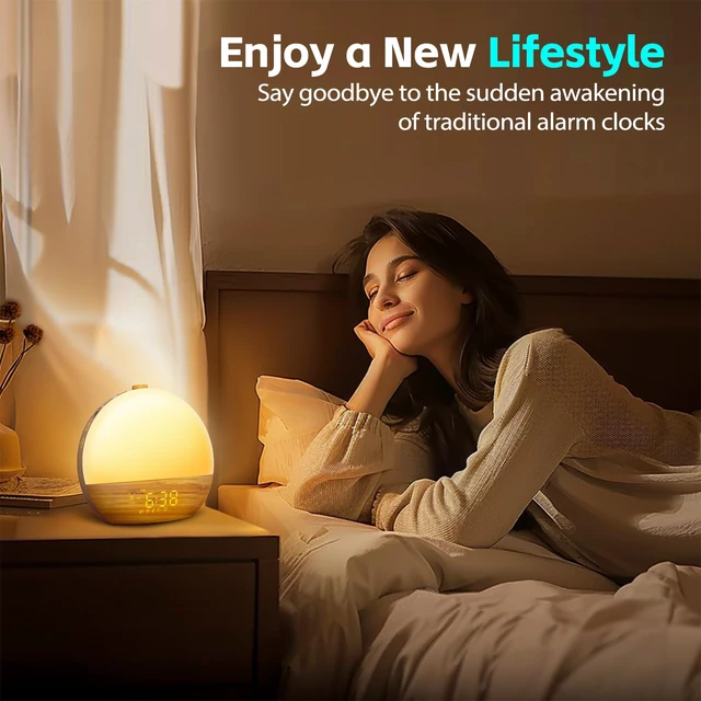 Alt view image 7 of 7 - Sunrise Alarm Clock, Noise Sound Machine Night Light, Wood Grain | 25 Soothing Sounds, 17 Dimmable lights, Dual Independent Alarms, Unlimited Snooze, Bluetooth Speaker, Backup Battery Memory