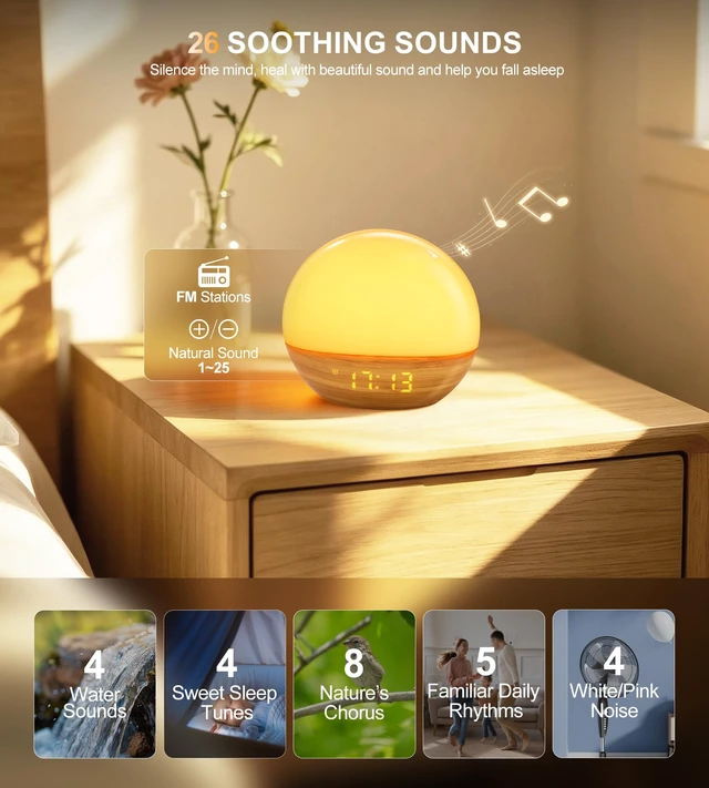 Alt view image 2 of 7 - Sunrise Alarm Clock with Sleep Sound Machine, 25 Natural Sounds, Bluetooth 5.3 Wireless Speaker, FM Radio, Dual Alarm Clock, Sunrise Sunset Simulation, 18-Color Night Light, Memory Function