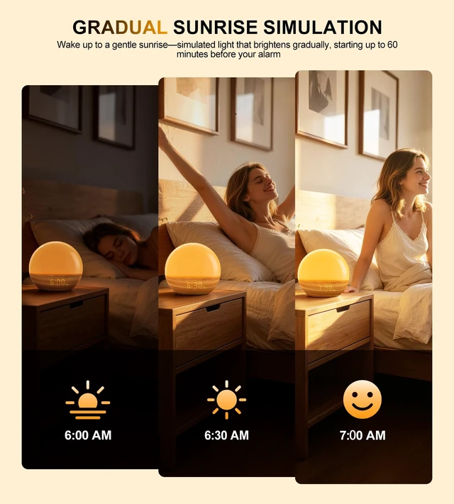 Alt view image 3 of 7 - Sunrise Alarm Clock with Sleep Sound Machine, 25 Natural Sounds, Bluetooth 5.3 Wireless Speaker, FM Radio, Dual Alarm Clock, Sunrise Sunset Simulation, 18-Color Night Light, Memory Function