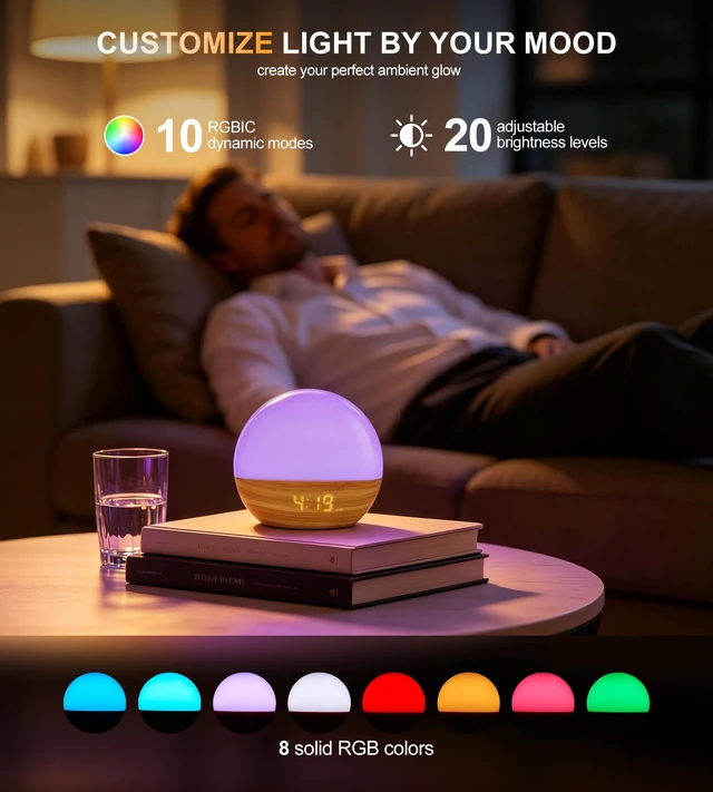 Alt view image 4 of 7 - Sunrise Alarm Clock with Sleep Sound Machine, 25 Natural Sounds, Bluetooth 5.3 Wireless Speaker, FM Radio, Dual Alarm Clock, Sunrise Sunset Simulation, 18-Color Night Light, Memory Function