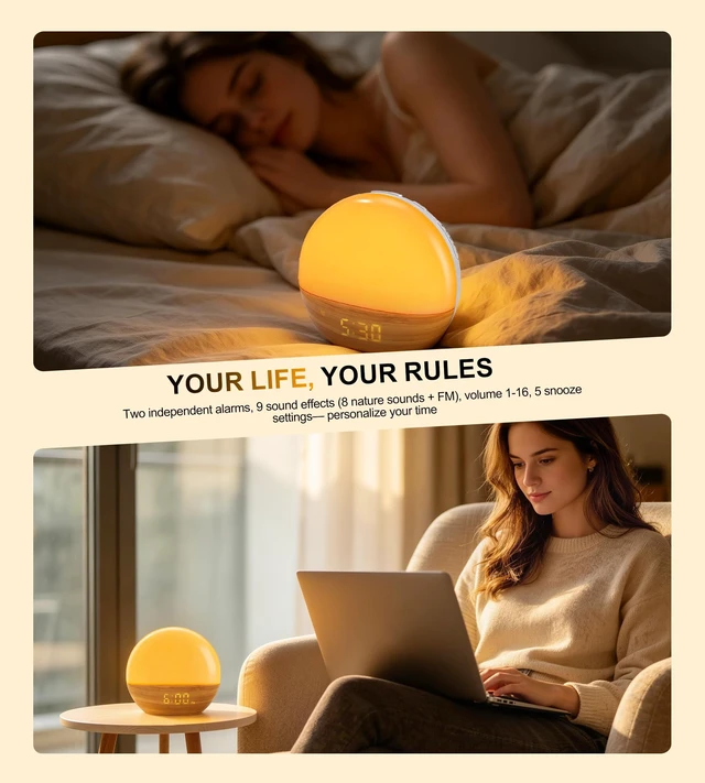 Alt view image 5 of 7 - Sunrise Alarm Clock with Sleep Sound Machine, 25 Natural Sounds, Bluetooth 5.3 Wireless Speaker, FM Radio, Dual Alarm Clock, Sunrise Sunset Simulation, 18-Color Night Light, Memory Function