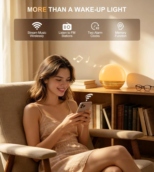 Alt view image 6 of 7 - Sunrise Alarm Clock with Sleep Sound Machine, 25 Natural Sounds, Bluetooth 5.3 Wireless Speaker, FM Radio, Dual Alarm Clock, Sunrise Sunset Simulation, 18-Color Night Light, Memory Function