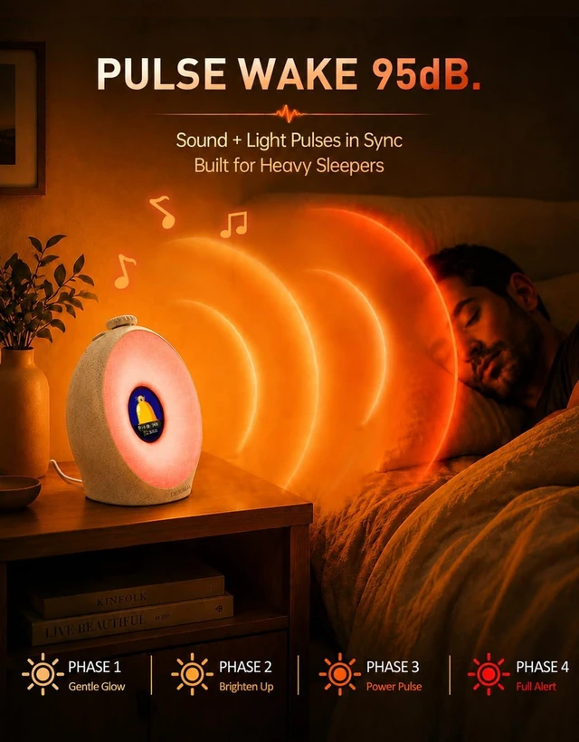 Alt view image 4 of 7 - Sunrise Alarm Clock for Heavy Sleepers with Pulse Wake, Sunset Sound Machine with Breathing Ambient Light, Loud Alarm for Bedrooms, Wake Up Light, Digital Color Display & 7 Themes, No App