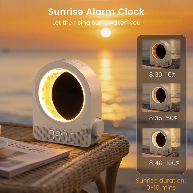 Alt view image 3 of 7 - Sunrise Alarm Clock, White Noise Machine, White | 10 Soothing Sounds, Dual Alarms, 30/60/90min Timer, Easy Snooze, Bedroom Gift for Insomnia Adults/Women