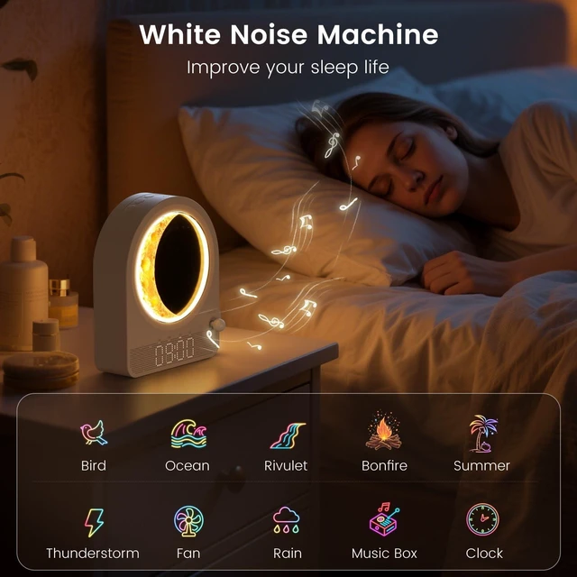 Alt view image 4 of 7 - Sunrise Alarm Clock, White Noise Machine, White | 10 Soothing Sounds, Dual Alarms, 30/60/90min Timer, Easy Snooze, Bedroom Gift for Insomnia Adults/Women
