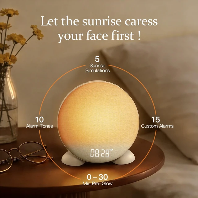 Alt view image 3 of 7 - App Smart Sunrise Alarm Clock Sound Machine with Wake up Light, Dimmable Clock & Night Light, Up to 15 Alarms, White Noise Machine with 25 Soothing Sounds for Bedroom, Gift for Kids Adults