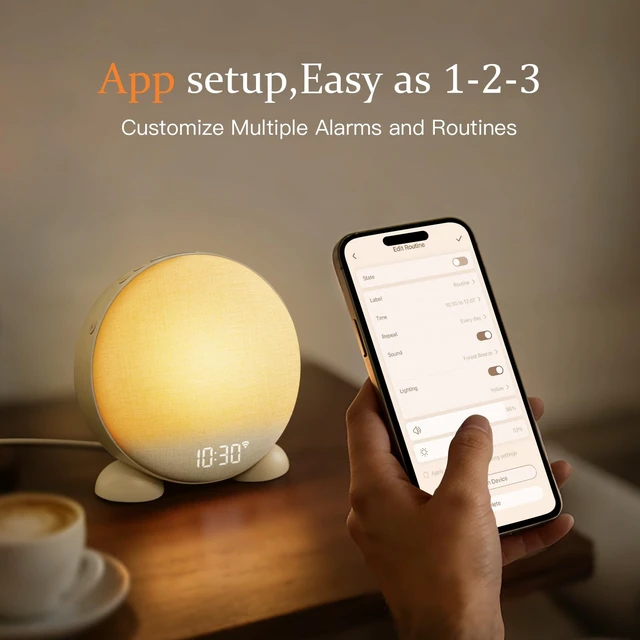 Alt view image 6 of 7 - App Smart Sunrise Alarm Clock Sound Machine with Wake up Light, Dimmable Clock & Night Light, Up to 15 Alarms, White Noise Machine with 25 Soothing Sounds for Bedroom, Gift for Kids Adults