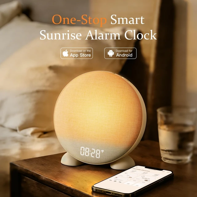 Alt view image 2 of 7 - App Smart Sunrise Alarm Clock Sound Machine with Wake up Light, Dimmable Clock & Night Light, Up to 15 Alarms, White Noise Machine with 25 Soothing Sounds for Bedroom, Gift for Kids Adults
