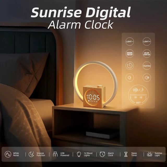 Alt view image 6 of 7 - Sunrise Alarm Clock Sound Machine for Heavy Sleepers Bedroom | Simulated Sunrise, 30 Sleep sounds, 12 Color Lights, USB Charger, Snooze & Touch Controls Help Heavy Sleepers Wake Naturally