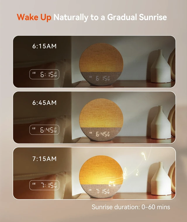 Alt view image 3 of 7 - Sunrise Alarm Clock, Natural Wake up Light, White Noise Machine | Gradual sunrise wake-up, 29 soothing sounds, 9-color night light, no app required for adult bedroom travel