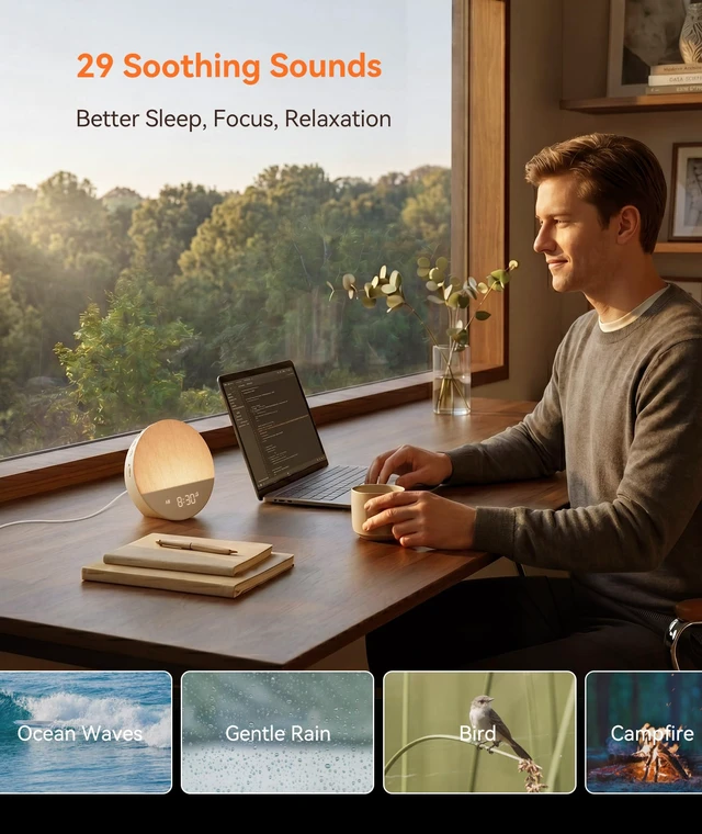 Alt view image 5 of 7 - Sunrise Alarm Clock, Natural Wake up Light, White Noise Machine | Gradual sunrise wake-up, 29 soothing sounds, 9-color night light, no app required for adult bedroom travel