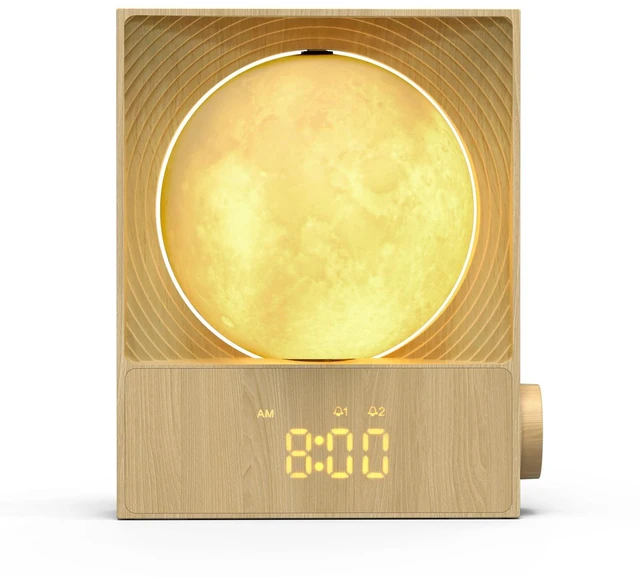 Main image of Sunrise Alarm Clock, 360-Degree Rotating Moonlight & 10 White Noise Sounds, Dual Alarm & Snooze for Heavy Sleeper, Timer, Wooden Bedroom Light Gift - Wood