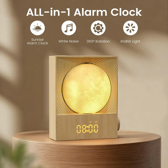 Alt view image 2 of 7 - Sunrise Alarm Clock, 360-Degree Rotating Moonlight & 10 White Noise Sounds, Dual Alarm & Snooze for Heavy Sleeper, Timer, Wooden Bedroom Light Gift - Wood