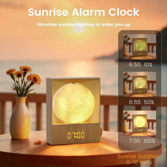 Alt view image 4 of 7 - Sunrise Alarm Clock, 360-Degree Rotating Moonlight & 10 White Noise Sounds, Dual Alarm & Snooze for Heavy Sleeper, Timer, Wooden Bedroom Light Gift - Wood