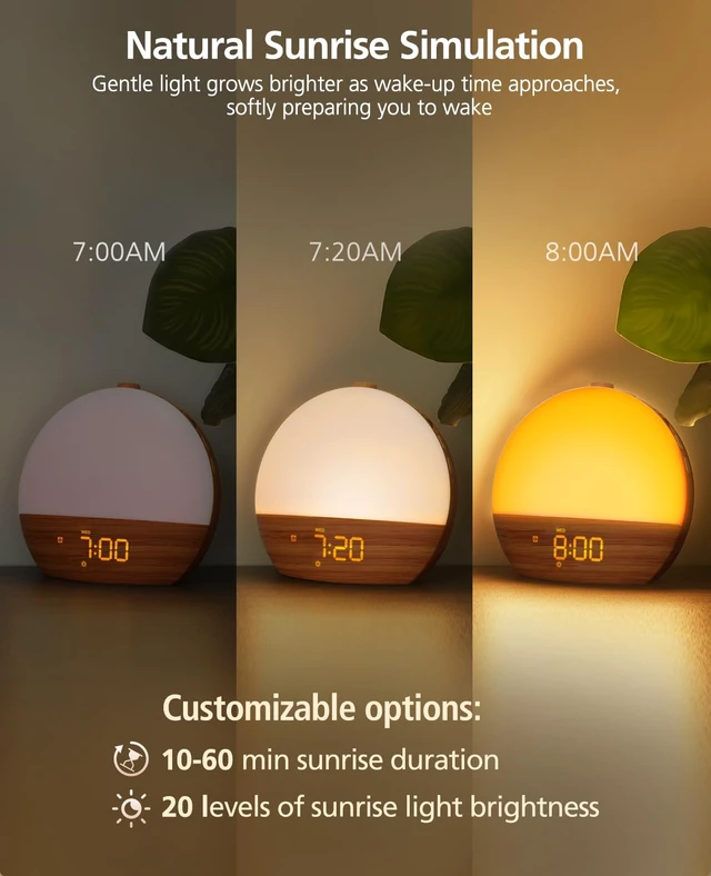 Alt view image 2 of 7 - Wood Grain White Noise Sound Machine Sunrise Alarm Clock with 30 Soothing Sounds, 17 Night Lights, Bluetooth Speaker Wake Up Light Alarm Clocks for bedrooms, Heavy Sleepers, Baby, Kids