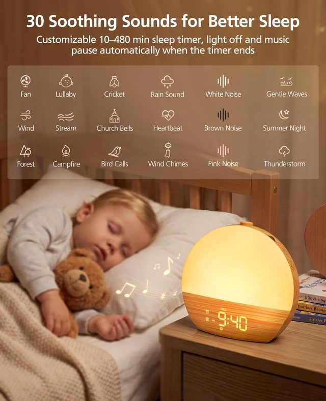 Alt view image 3 of 7 - Wood Grain White Noise Sound Machine Sunrise Alarm Clock with 30 Soothing Sounds, 17 Night Lights, Bluetooth Speaker Wake Up Light Alarm Clocks for bedrooms, Heavy Sleepers, Baby, Kids
