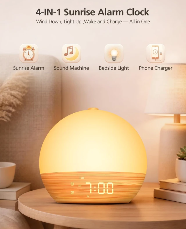 Alt view image 5 of 7 - Wood Grain White Noise Sound Machine Sunrise Alarm Clock with 30 Soothing Sounds, 17 Night Lights, Bluetooth Speaker Wake Up Light Alarm Clocks for bedrooms, Heavy Sleepers, Baby, Kids