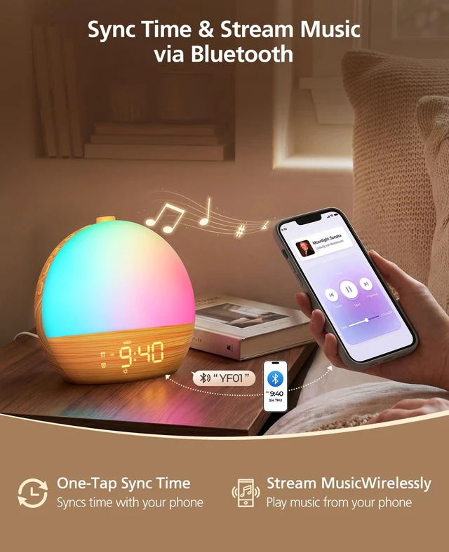 Alt view image 4 of 7 - Wood Grain White Noise Sound Machine Sunrise Alarm Clock with 30 Soothing Sounds, 17 Night Lights, Bluetooth Speaker Wake Up Light Alarm Clocks for bedrooms, Heavy Sleepers, Baby, Kids