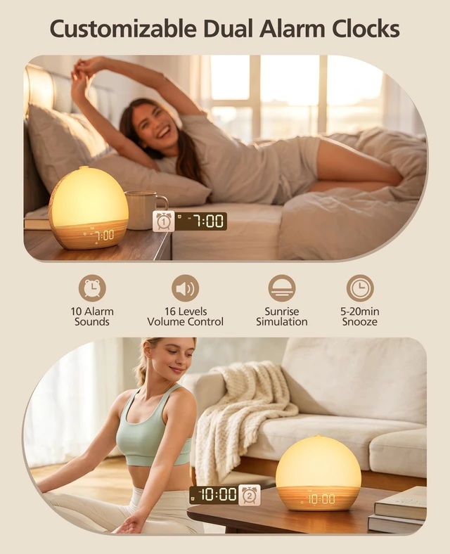 Alt view image 6 of 7 - Wood Grain White Noise Sound Machine Sunrise Alarm Clock with 30 Soothing Sounds, 17 Night Lights, Bluetooth Speaker Wake Up Light Alarm Clocks for bedrooms, Heavy Sleepers, Baby, Kids