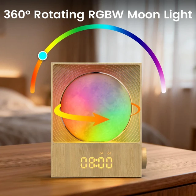 Alt view image 3 of 7 - Sunrise Alarm Clock, 360-Degree Rotating Moonlight & 10 White Noise Sounds, Dual Alarm & Snooze for Heavy Sleeper, Timer, Wooden Bedroom Light Gift - Wood
