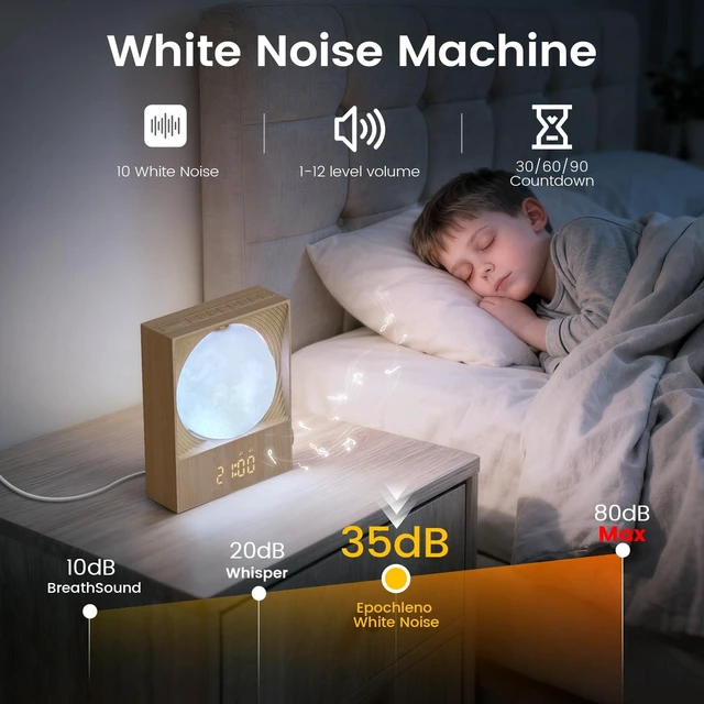 Alt view image 5 of 7 - Sunrise Alarm Clock, 360-Degree Rotating Moonlight & 10 White Noise Sounds, Dual Alarm & Snooze for Heavy Sleeper, Timer, Wooden Bedroom Light Gift - Wood
