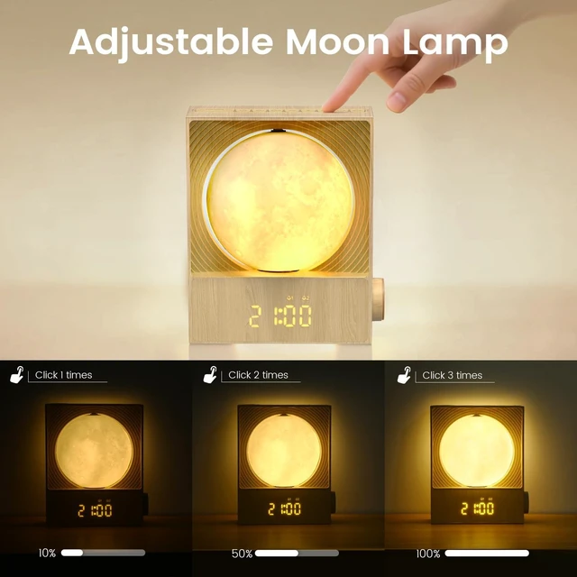 Alt view image 6 of 7 - Sunrise Alarm Clock, 360-Degree Rotating Moonlight & 10 White Noise Sounds, Dual Alarm & Snooze for Heavy Sleeper, Timer, Wooden Bedroom Light Gift - Wood
