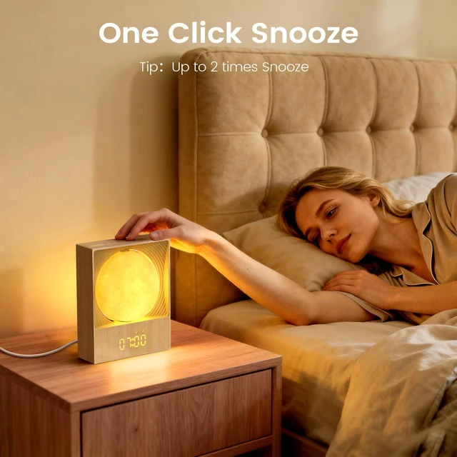 Alt view image 7 of 7 - Sunrise Alarm Clock, 360-Degree Rotating Moonlight & 10 White Noise Sounds, Dual Alarm & Snooze for Heavy Sleeper, Timer, Wooden Bedroom Light Gift - Wood