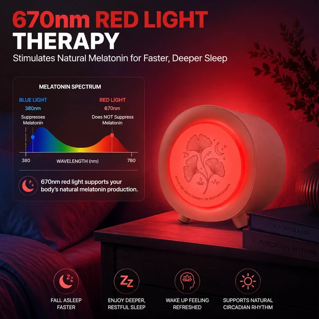 Alt view image 2 of 7 - Sleep Sound Machine with 670nm Red Light, Warm Light, 20 Sounds, 4 Timers | 2 in 1 Red Light & Sound Therapy, Adjustable Volume&Light Brightness, for Home Travel, Registry Gift, with Adapter