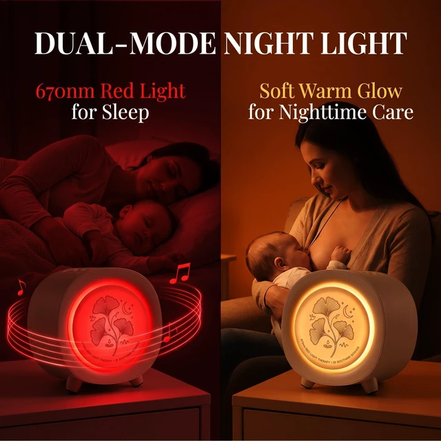 Alt view image 4 of 7 - Sleep Sound Machine with 670nm Red Light, Warm Light, 20 Sounds, 4 Timers | 2 in 1 Red Light & Sound Therapy, Adjustable Volume&Light Brightness, for Home Travel, Registry Gift, with Adapter