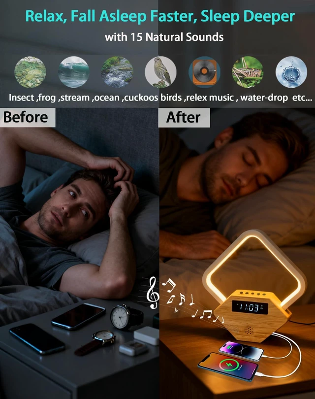 Alt view image 2 of 7 - All-in-One Sunrise Alarm Clock for Heavy Sleepers | Wood 3-Color Dimmable Bedside Lamp with White Noise & Fast USB Phone Charger for Bedroom/Office | Sleep Aid for Adults Kids,Gift for Men Women